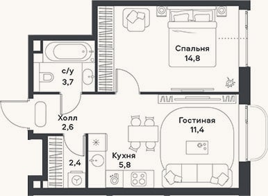 Планировка: 2-к, 40,7 м²