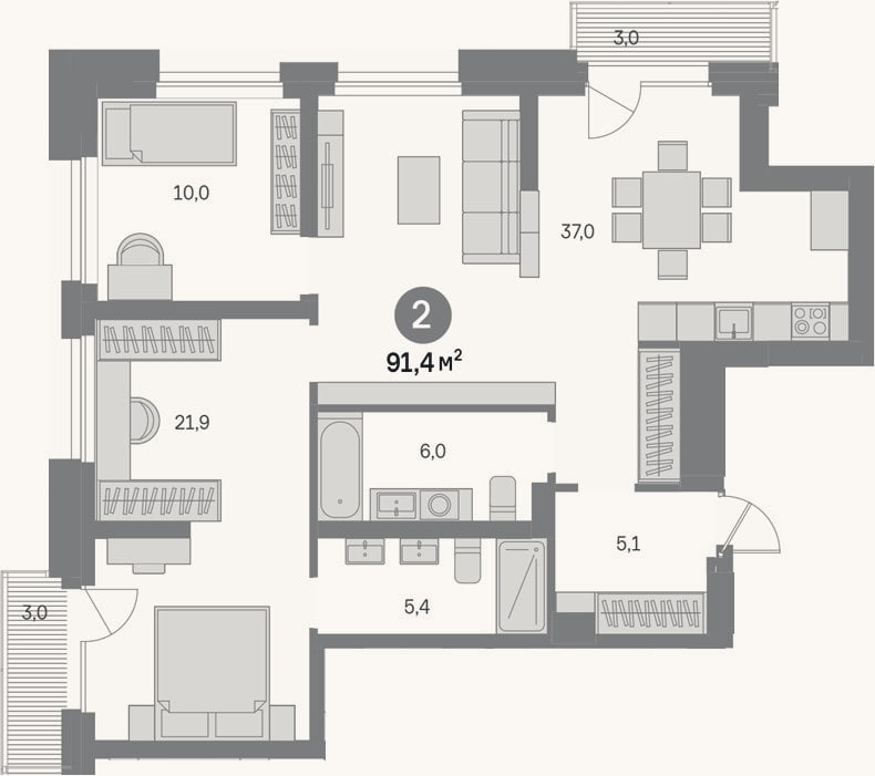 Планировка: 2-к, 85,4 м²