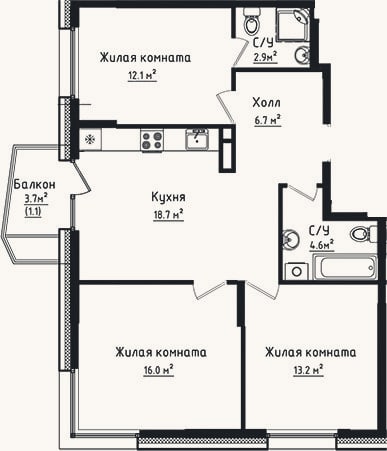 Планировка: 3-к, 74,2 м²