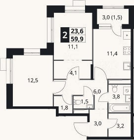 Планировка: 2-к, 58,4 м²