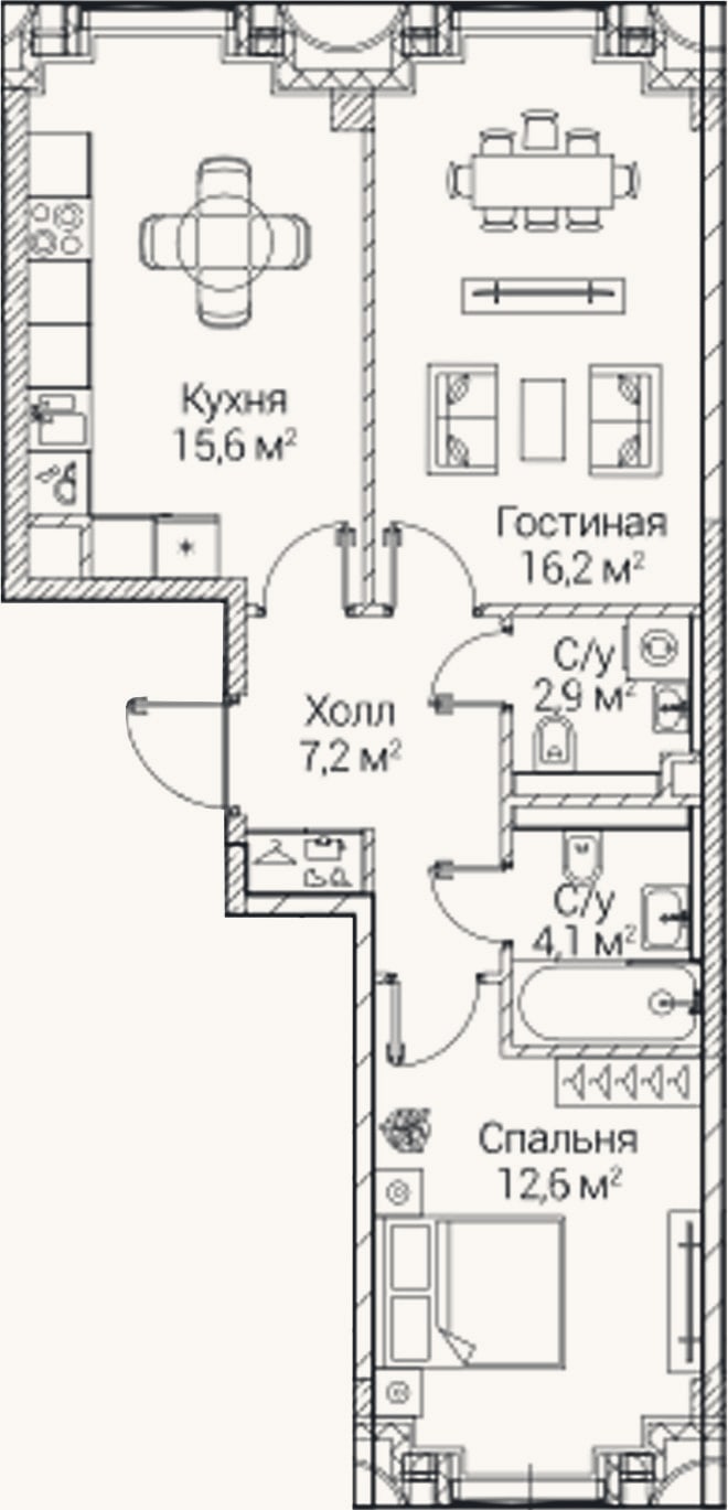 Планировка: 2-к, 58,3 м²