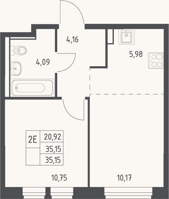 Планировка: 2-к, 35,2 м²