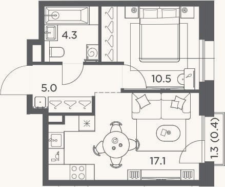 Планировка: 1-к, 36,9 м²
