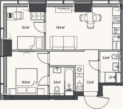 Планировка: 3-к, 52,5 м²