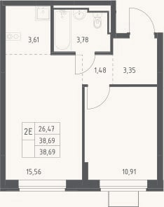 Планировка: 2-к, 38,7 м²