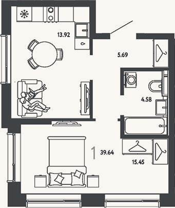 Планировка: 1-к, 39,6 м²