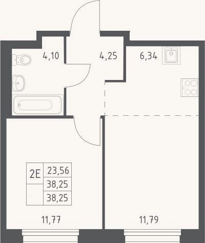 Планировка: 2-к, 38,3 м²