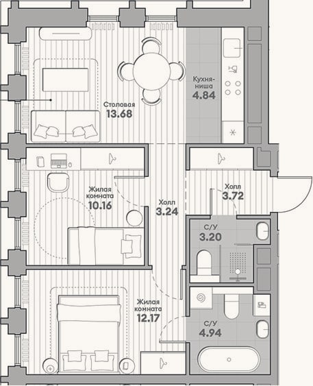 Планировка: 3-к, 56 м²