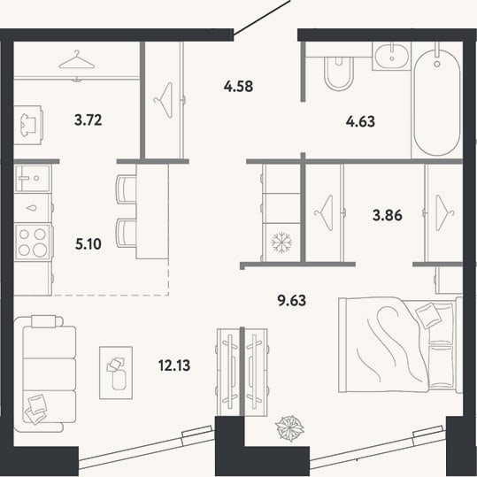 Планировка: 1-к, 43,7 м²