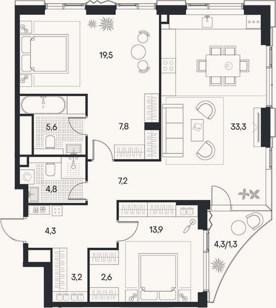 Планировка: 3-к, 102,2 м²