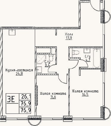 Планировка: 3-к, 76,9 м²