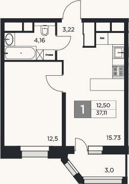 Планировка: 2-к, 35,6 м²
