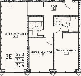 Планировка: 3-к, 70,6 м²