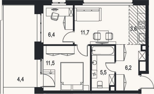 Планировка: 3-к, 45,1 м²