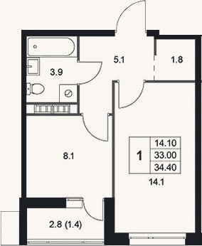 Планировка: 1-к, 33 м²