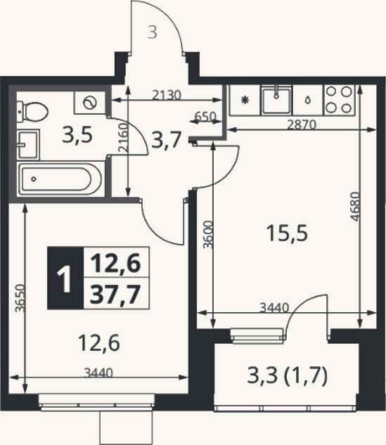Планировка: 2-к, 36 м²
