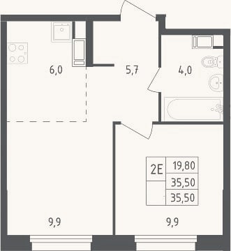 Планировка: 2-к, 35,5 м²