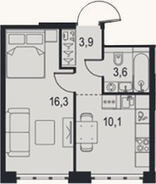 Планировка: 1-к, 33,9 м²