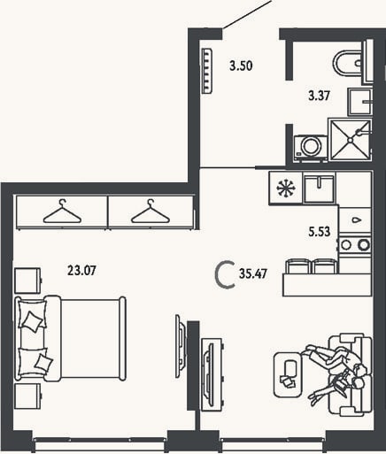 Планировка: Студия, 35,5 м²