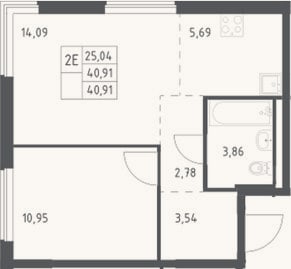 Планировка: 2-к, 40,9 м²