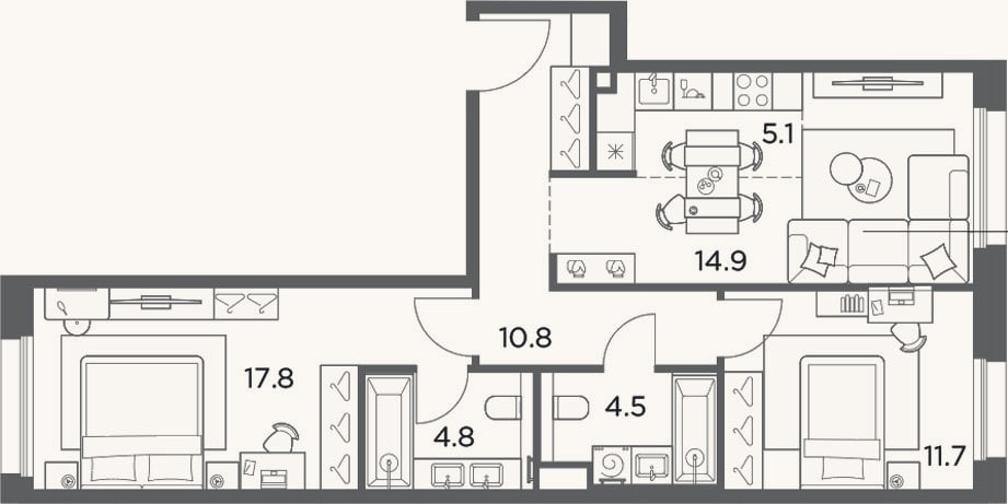 Планировка: 3-к, 69,6 м²