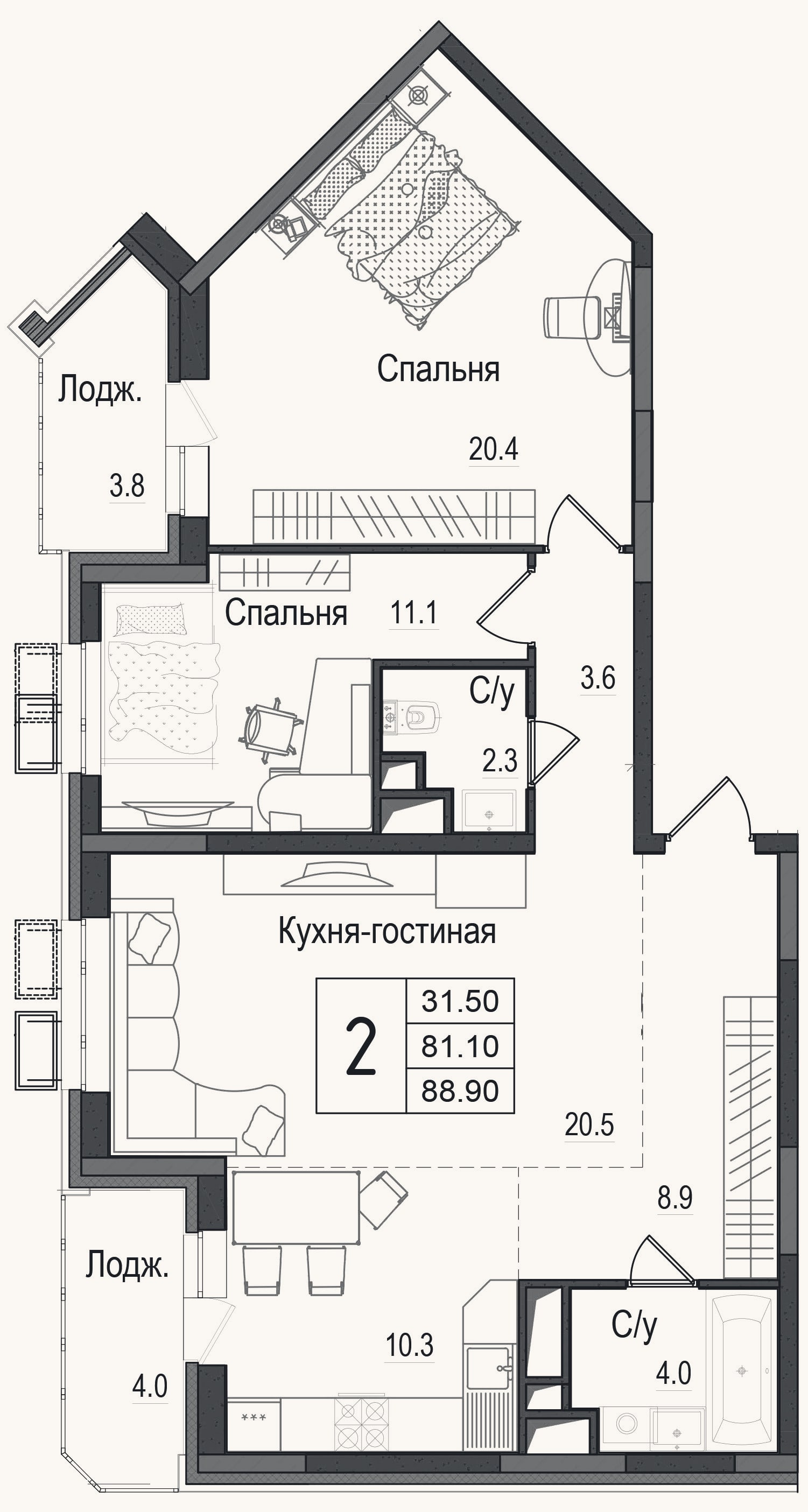 Планировка: 3-к, 82,1 м²