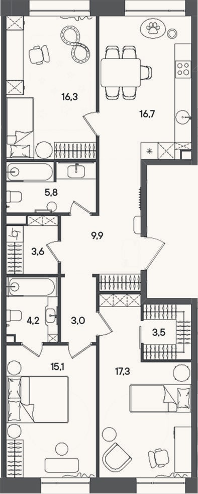 Планировка: 4+ к, 95,4 м²