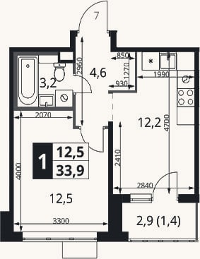 Планировка: 1-к, 32,5 м²