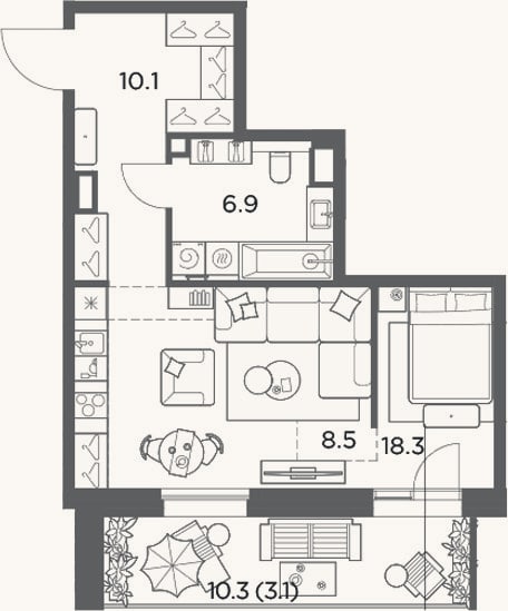 Планировка: Студия, 43,8 м²