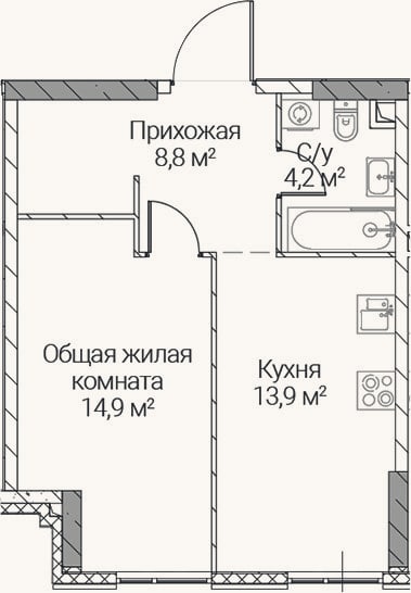 Планировка: 1-к, 41,8 м²