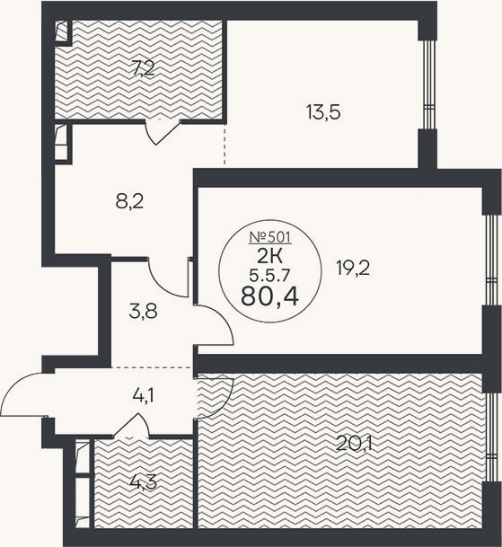 Планировка: 2-к, 80,4 м²