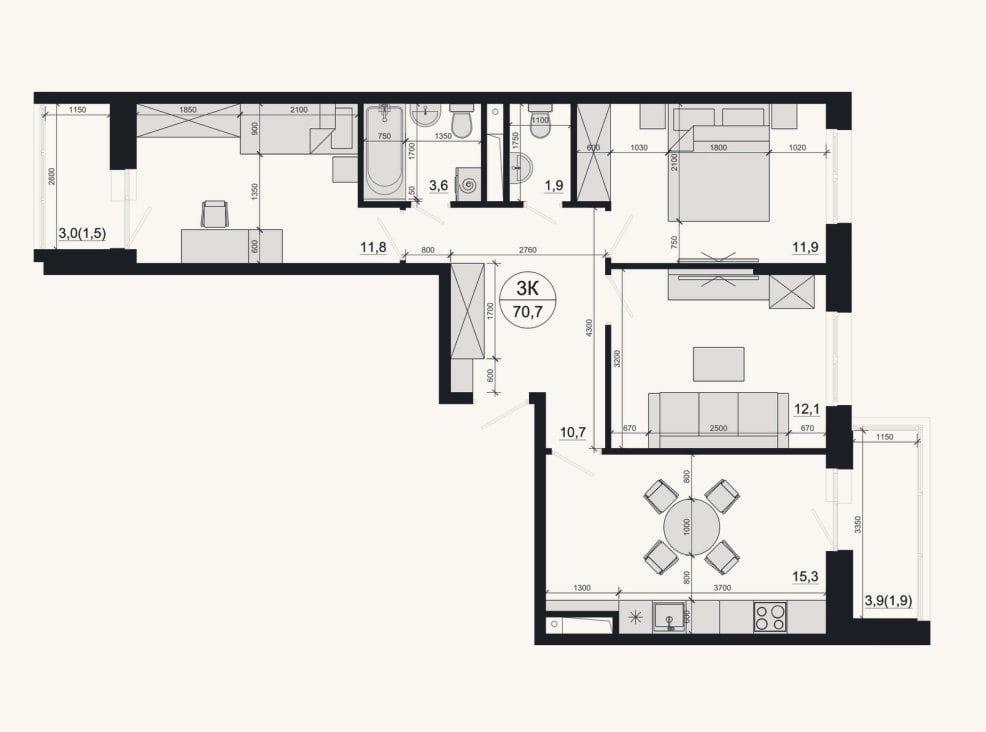 Планировка: 3-к, 67,3 м²