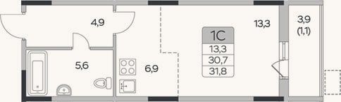Планировка: Студия, 30,7 м²