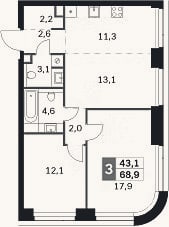 Планировка: 3-к, 68,9 м²