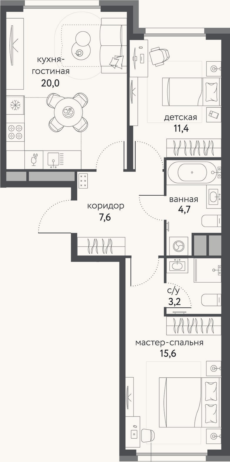 Планировка: 3-к, 62,5 м²