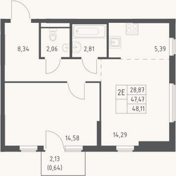 Планировка: 2-к, 47,5 м²