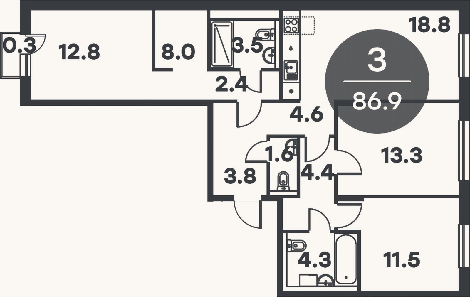 Планировка: 3-к, 86,6 м²