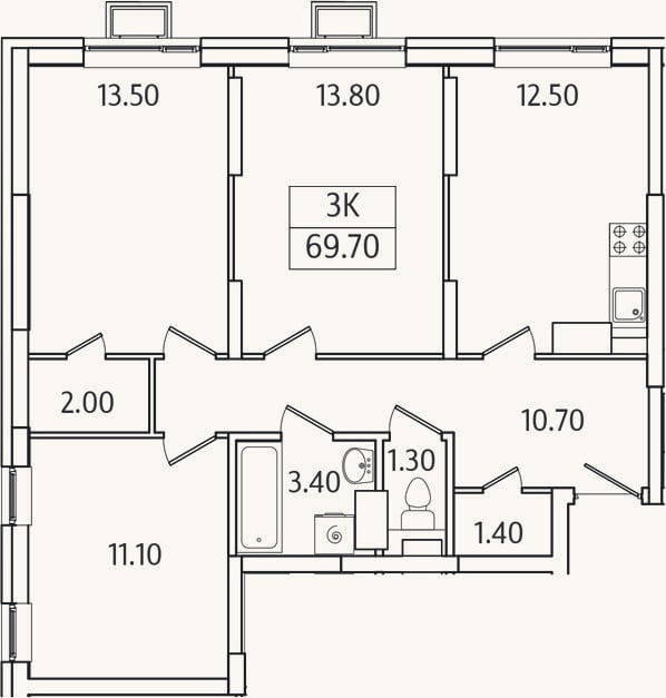 Планировка: 3-к, 69,7 м²