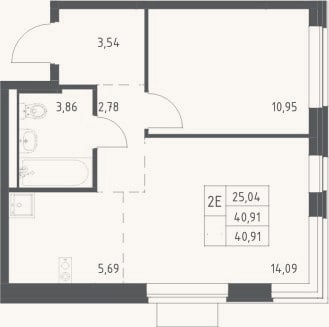 Планировка: 2-к, 40,9 м²