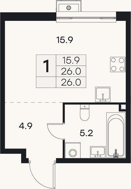 Планировка: Студия, 26 м²