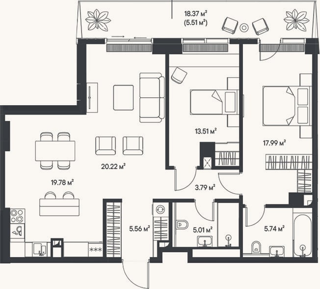 Планировка: 3-к, 91,6 м²