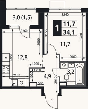 Планировка: 1-к, 32,6 м²
