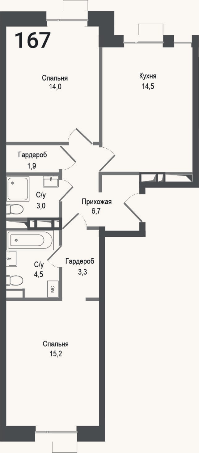 Планировка: 2-к, 63,1 м²