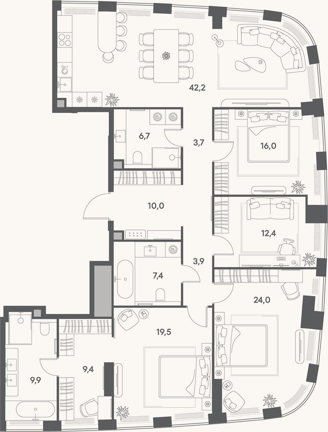 Планировка: 4+ к, 165,1 м²