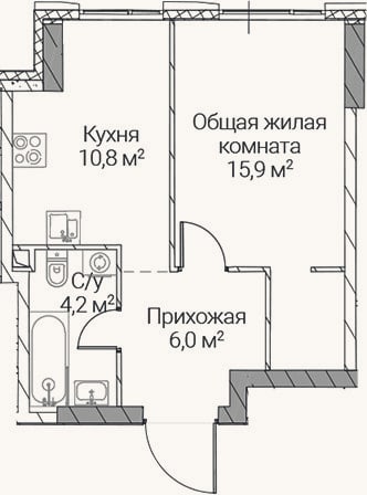 Планировка: 1-к, 36,9 м²