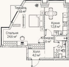 Планировка: 1-к, 48,3 м²