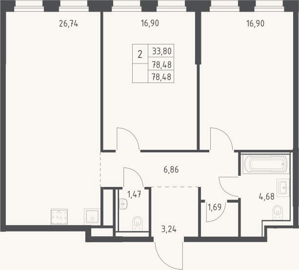 Планировка: 3-к, 78,5 м²