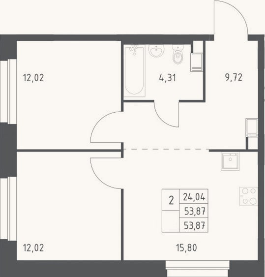 Планировка: 2-к, 53,9 м²