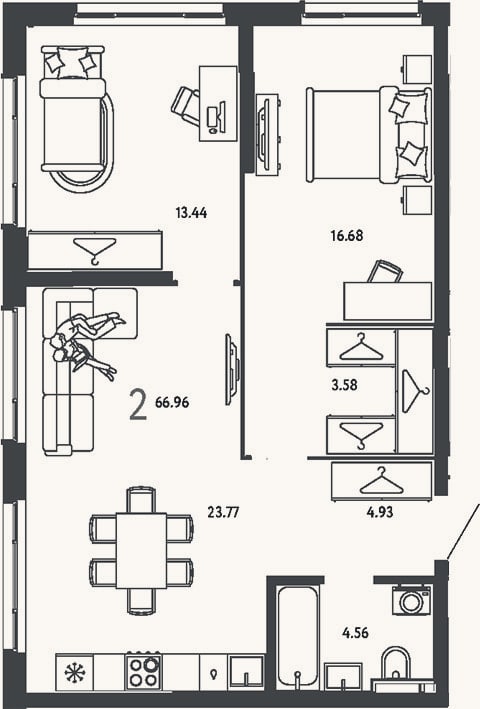 Планировка: 2-к, 67 м²