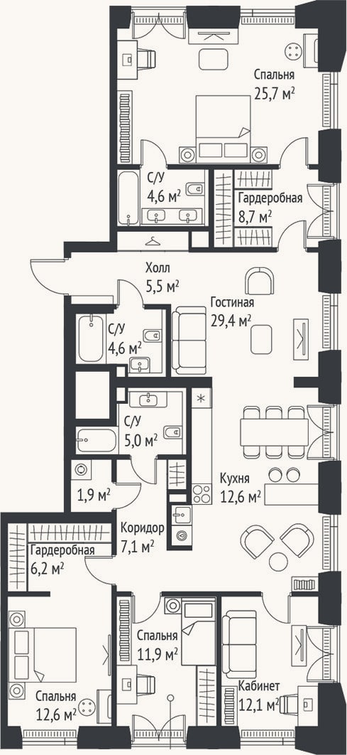 Планировка: 4+ к, 148,1 м²